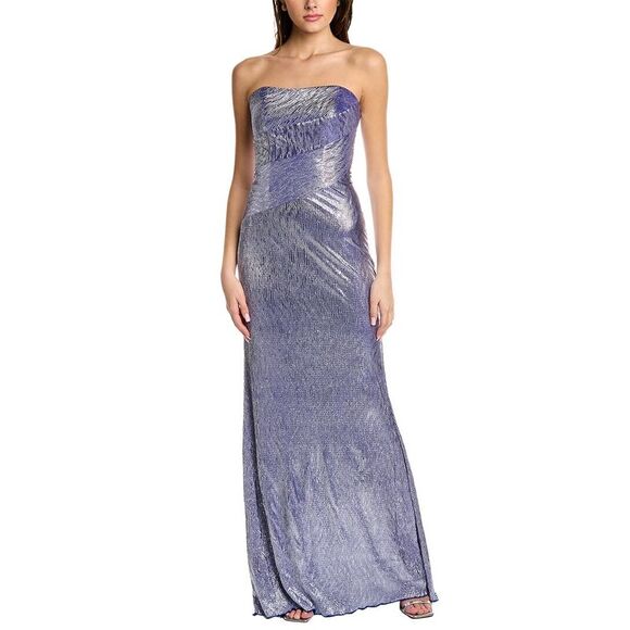 Rene Ruiz WomensStrapless Metallic Knit Gown, Blue